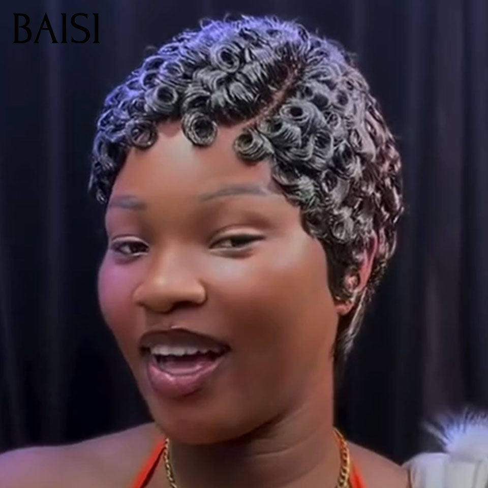 BAISI 13x4 Frontale Perruque Pixie Chioma Noire 65€ Seulement Prêt à porter A la Mode En 100% Cheveux Humains