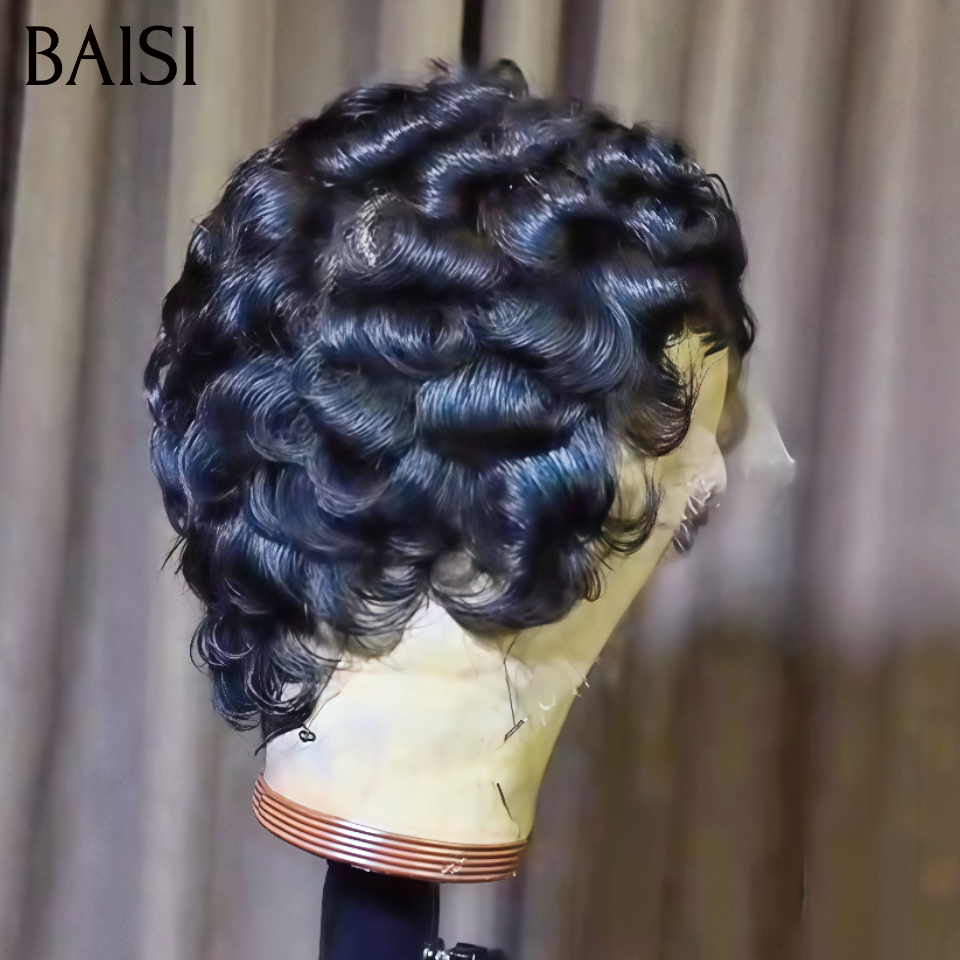 BAISI Full Lace Perruque Pixie Vague Courte 129€ en Couleur Noir en 100% cheveux humains