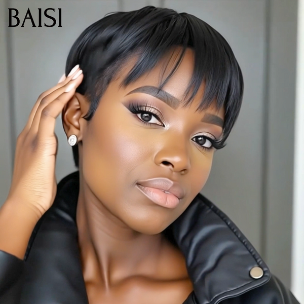 BAISI Perruque Pixie Lisse Noir Sans Colle 38€ Seulement Tendance Coupe Garçon Perruque Spéciale Vacances en 100% Cheveux Humains