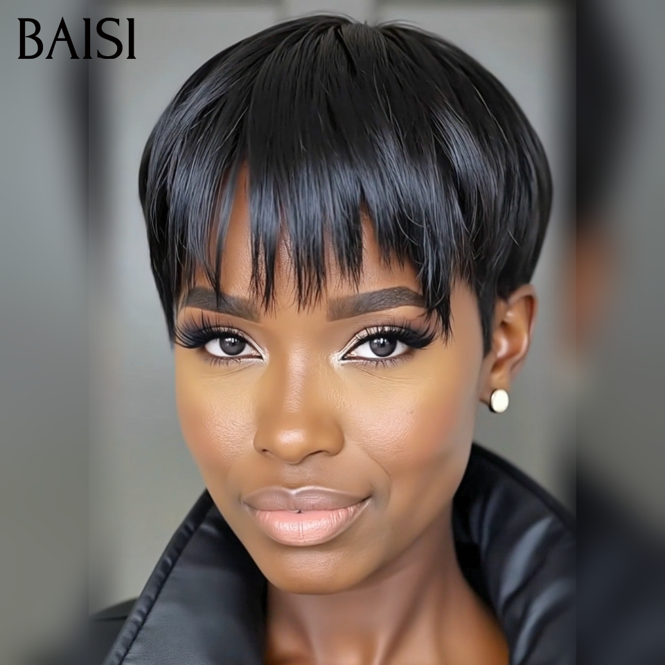 BAISI Perruque Pixie Lisse Noir Sans Colle 38€ Seulement Tendance Coupe Garçon Perruque Spéciale Vacances en 100% Cheveux Humains