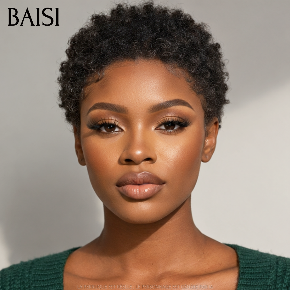 BAISI pixie Perruque sans colle afro curly en France 40€ 200% Densité en 100% Cheveux humains