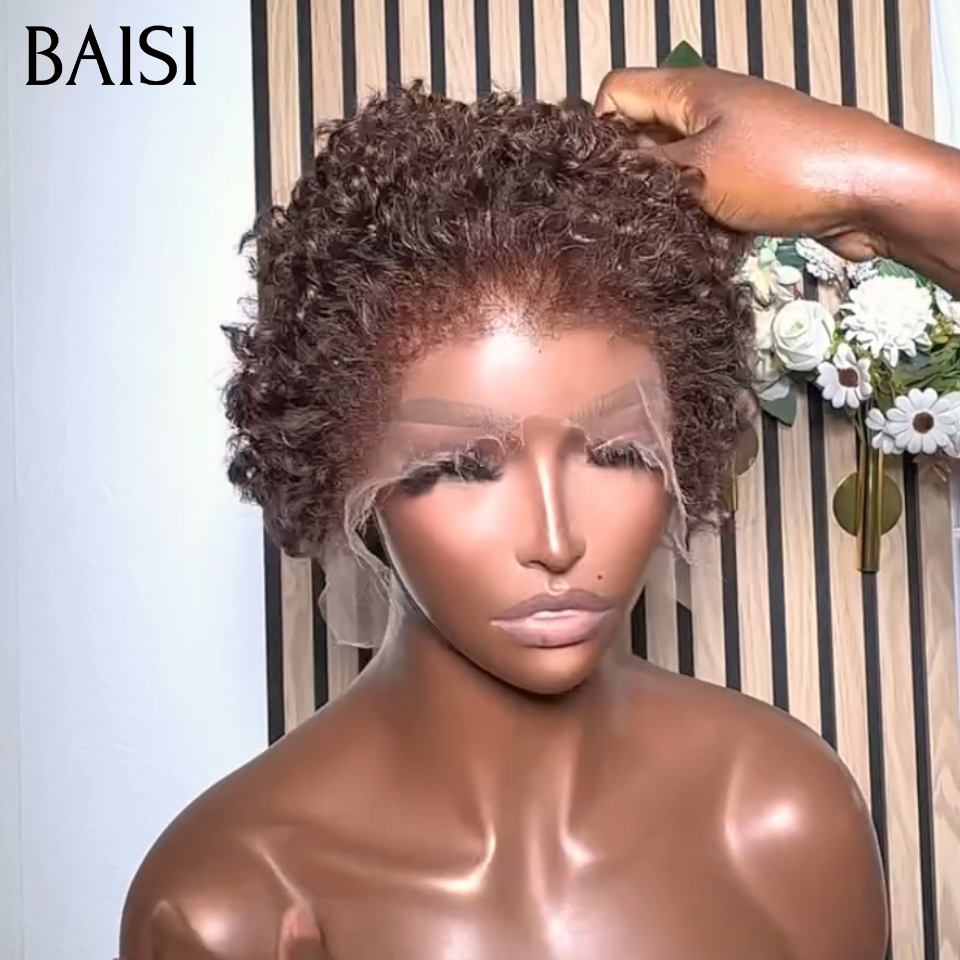 BAISI 13x4 Lace Perruque Pixie curly wave  Marron 60€ Ou 2Perruques Pixie 76€ Couleur Disponible Noir 79€ Ou  Mixte ou Achetez 1 + 1 Gratuite = 136€ bob deep wave avec Frange en couleur 1B et 99J# ou 2 Perruques Pixie 118€ En 100% Cheveux Humains