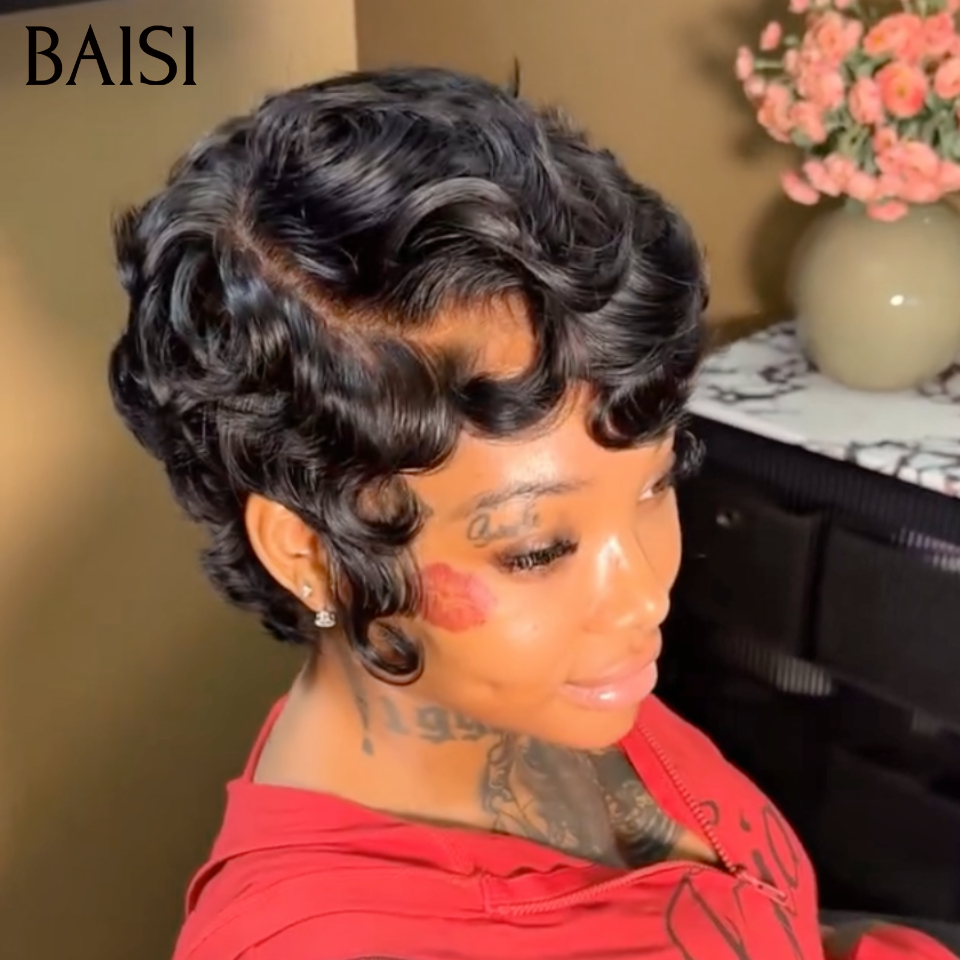 BAISI  13X4 lace Perruque Pixie Vague Elégante 6 Pouces Curly wave Noir 55€ Seulement en 100% Cheveux Humains