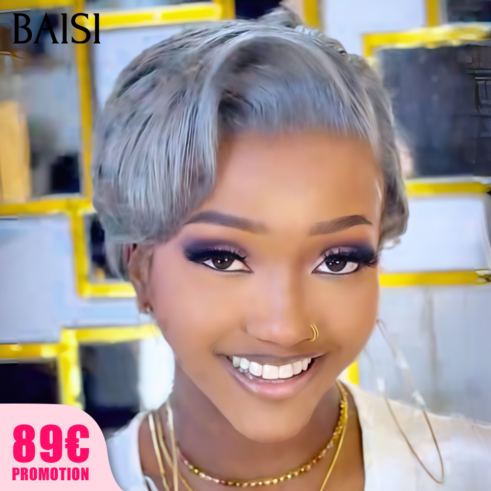 BAISI 13x4 lace Perruque pixie Lisse Grise 6 Pouces Couleur et Style A la Mode 89€ Seulementen 100% Cheveux Humains