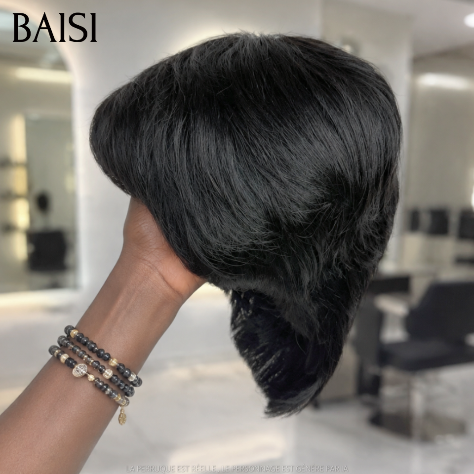 BAISI Perruque Pixie Petite Coupe Lisse Noir 1B# 49€ Sans Colle Sans Lace 100% Identique Meilleure Vente en 100% Cheveux humains