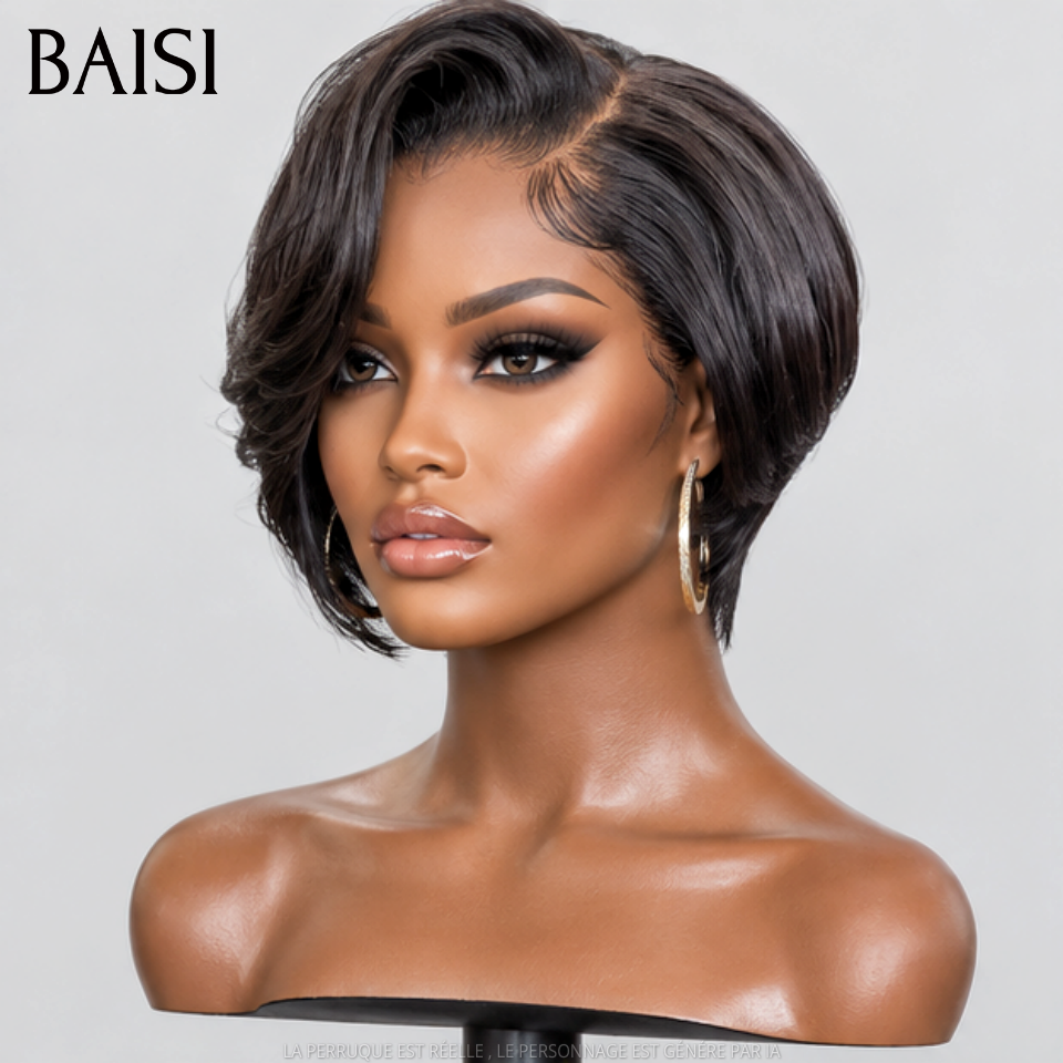 BAISI Perruque pixie Lisse avec lace frontal 60€ NOIR Élégant et facile à porter En 100% Cheveux Humains

