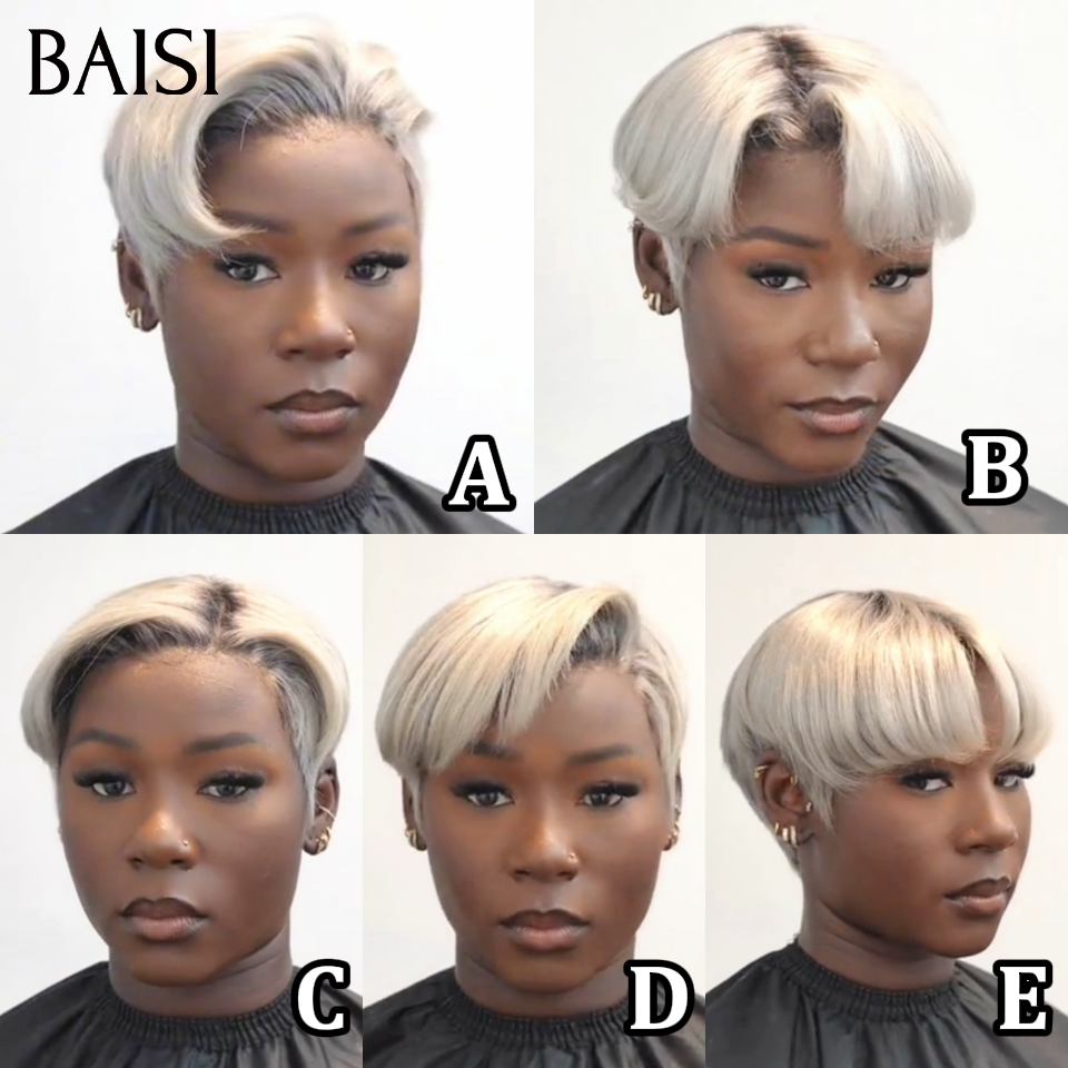 BAISI 13x4 Lace Perruque Coiffée Pixie Courte Deja Prête A Porter 109€ Couleur Blanc Crème 1B#60 Racine Noir Look Original en 100% cheveux humains