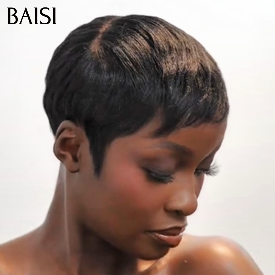 BAISI  Perruque Full Lace Pixie Lisse Noir 129€ Ultra Confortable et Contre Chaleur Ou Perruque BOB kinky curly Bandeau Frisée Curly Fabriquée A La Machine sans lace sans colle 75€  En 100% Cheveux Humains