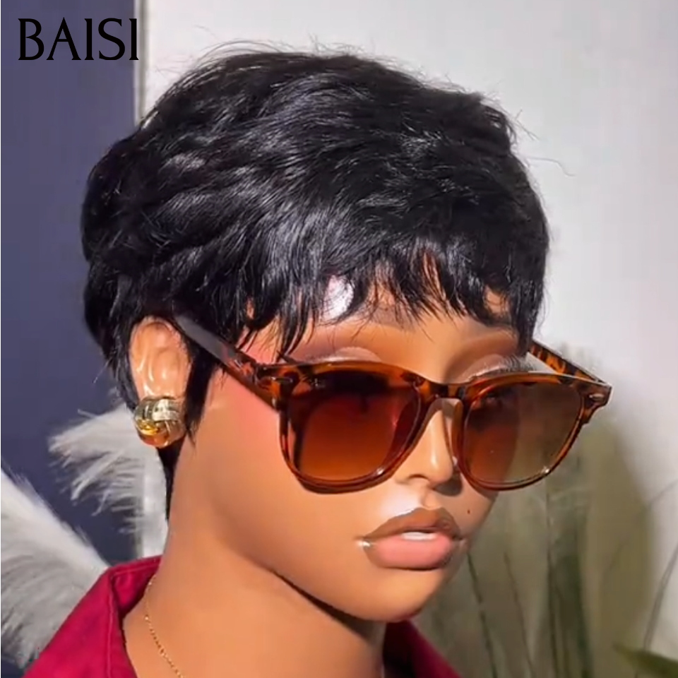 BAISI Pixie Perruque Courte Sans Colle Sans Lace Noir 39€ Ou 13x4 Lace Frontale #996 6 Pouces #4/#350 Orange Mix Marron 68€ en 100% Cheveux Humains