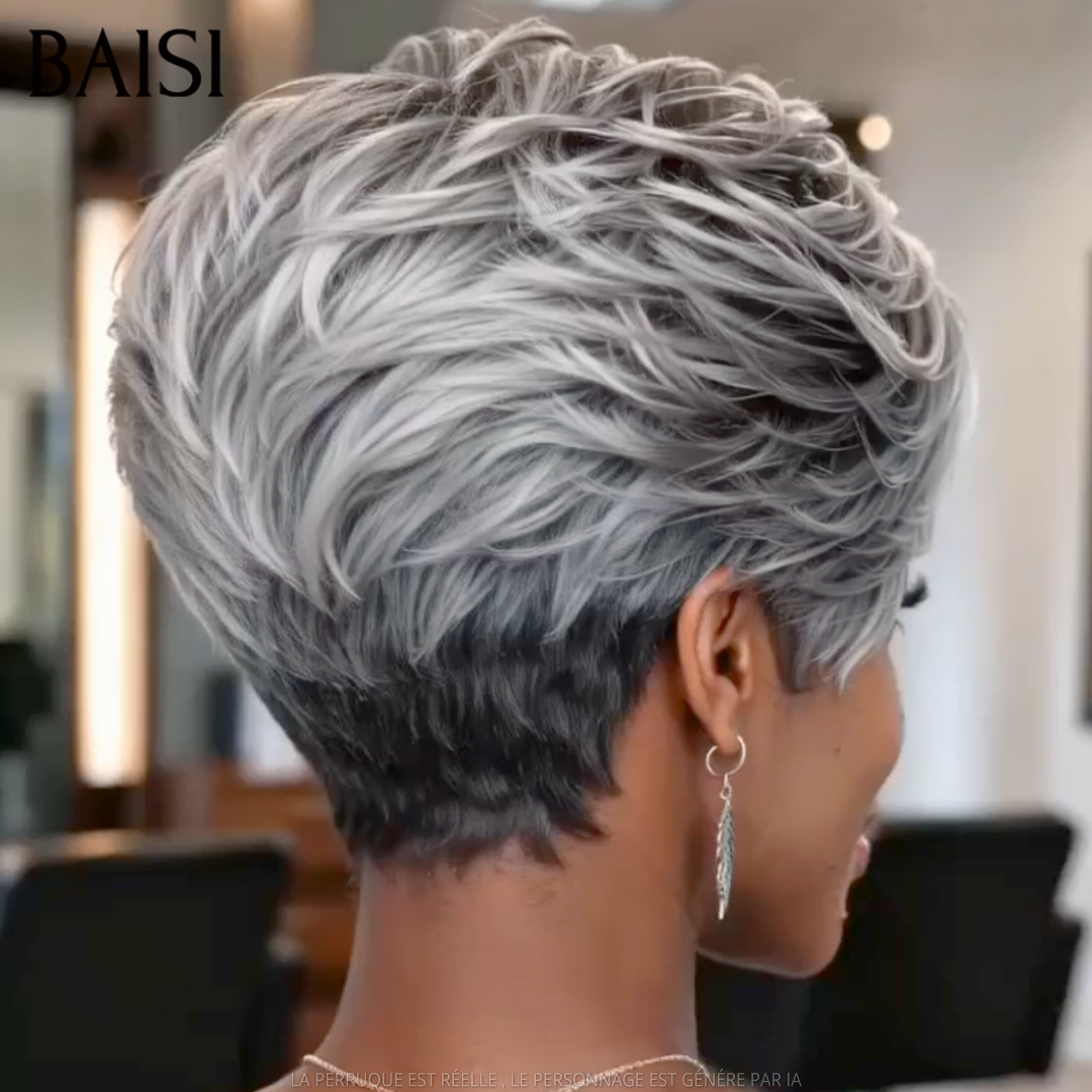 BAISI 13x4 Lace Perruque Pixie Lisse Courte Gris Collection Poivre et Sel 118€ Rajeûnissante en 100% Cheveux humains