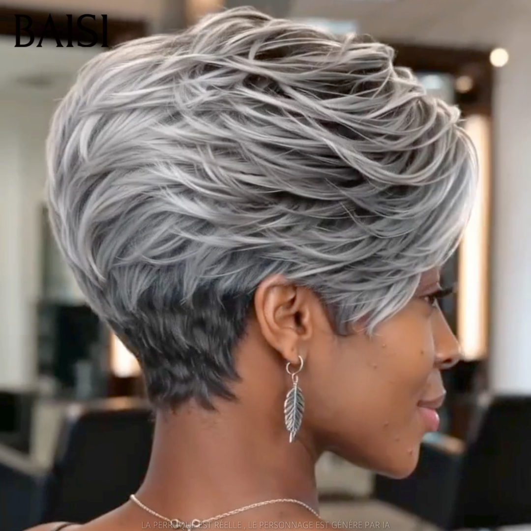 BAISI 13x4 Lace Perruque Pixie Lisse Courte Gris Collection Poivre et Sel 118€ Rajeûnissante en 100% Cheveux humains