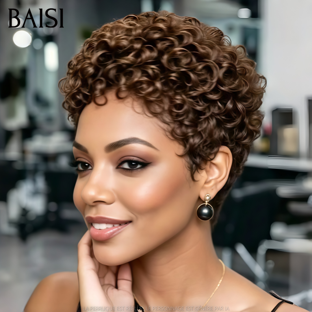 BAISI Perruque Pixie Curly Courte Marron 68€ Sans Colle Sans Lace Pratique Au Quotidien en 100% Cheveux humains