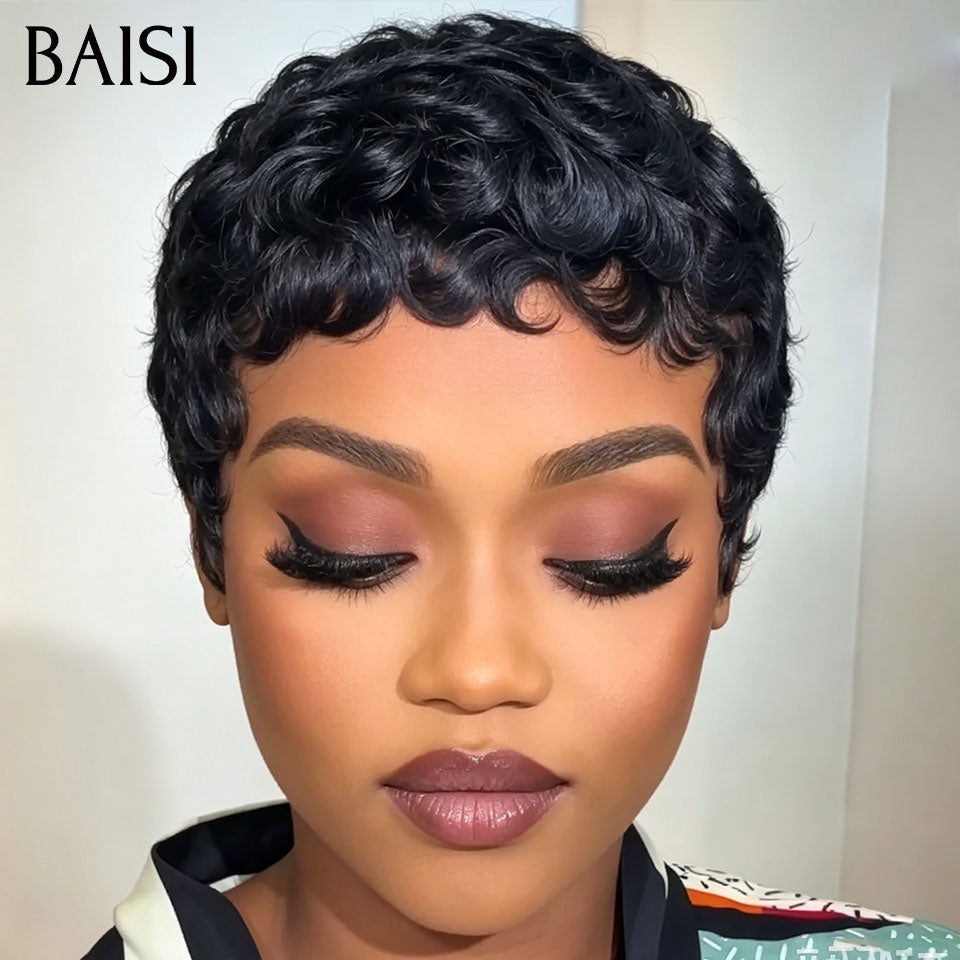 BAISI Perruque Pixie Courte Ondulée Wave Couleur Noir 1B# 50€ Seulement Sans Colle Sans Lace Pour Débutantes en 100% Cheveux humains