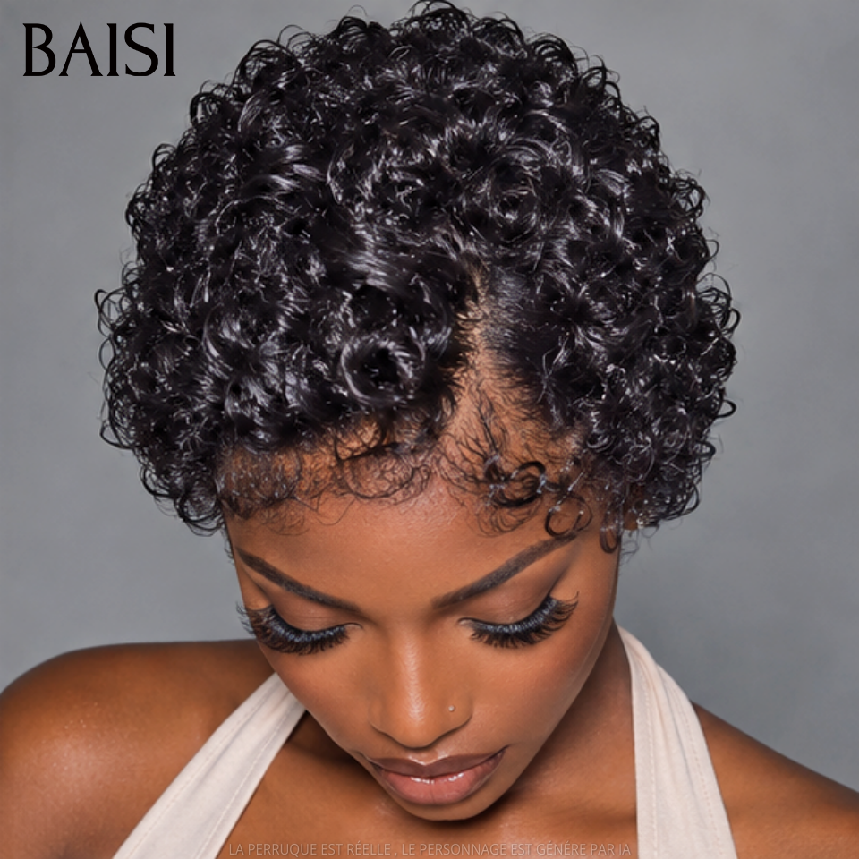 BAISI 13x4 Lace Frontale Lot De 2 Perruques Courte 1 Pixie Curly 69€ et 1 Bob Carré Lisse 78€ Seulement Promotion Inédite en 100% Cheveux Humains