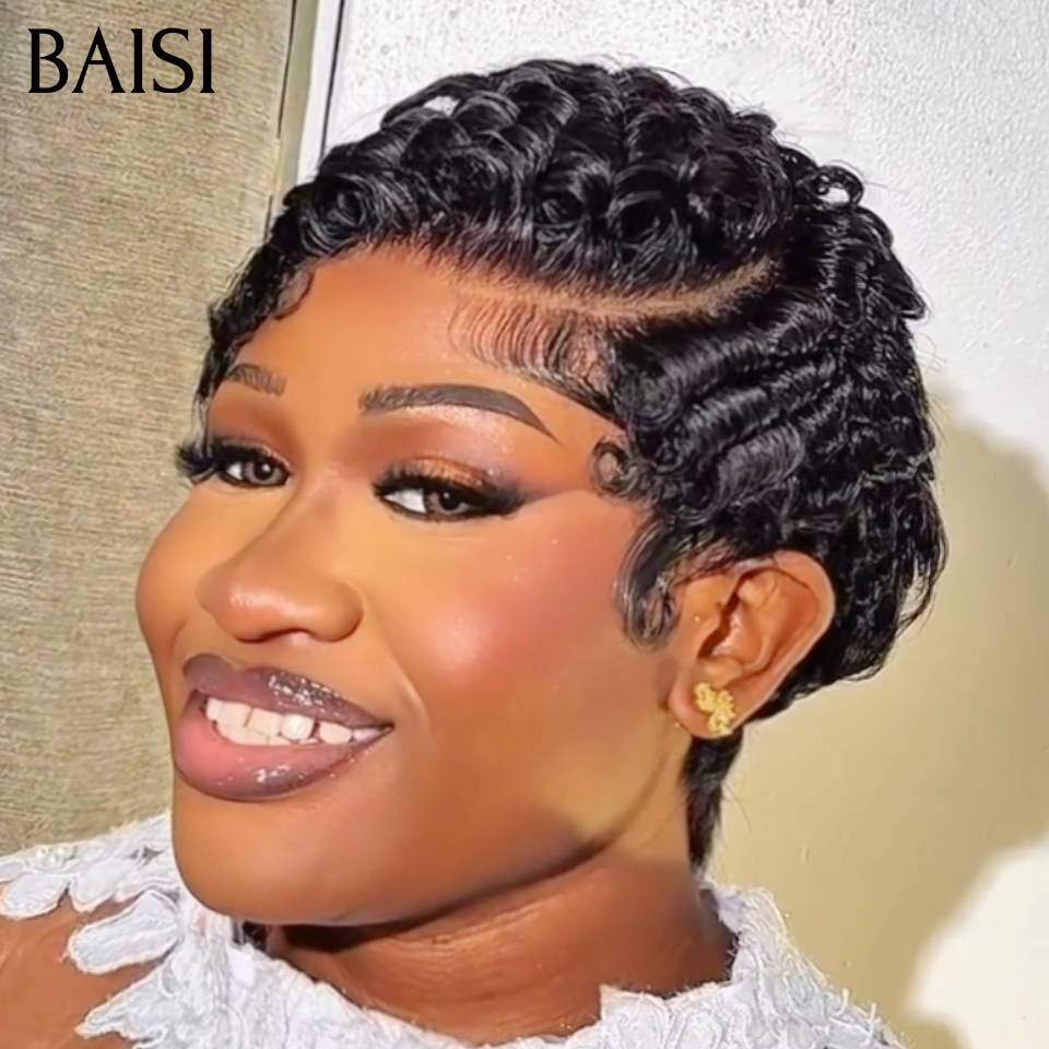 BAISI Offre Flash 13x4 Lace Perruque Pixie Finger Wave petite coupe En Frontal 60€ Ou Sans Lace 38€  Fabriqué à la machine En 100% Cheveux Humains B
