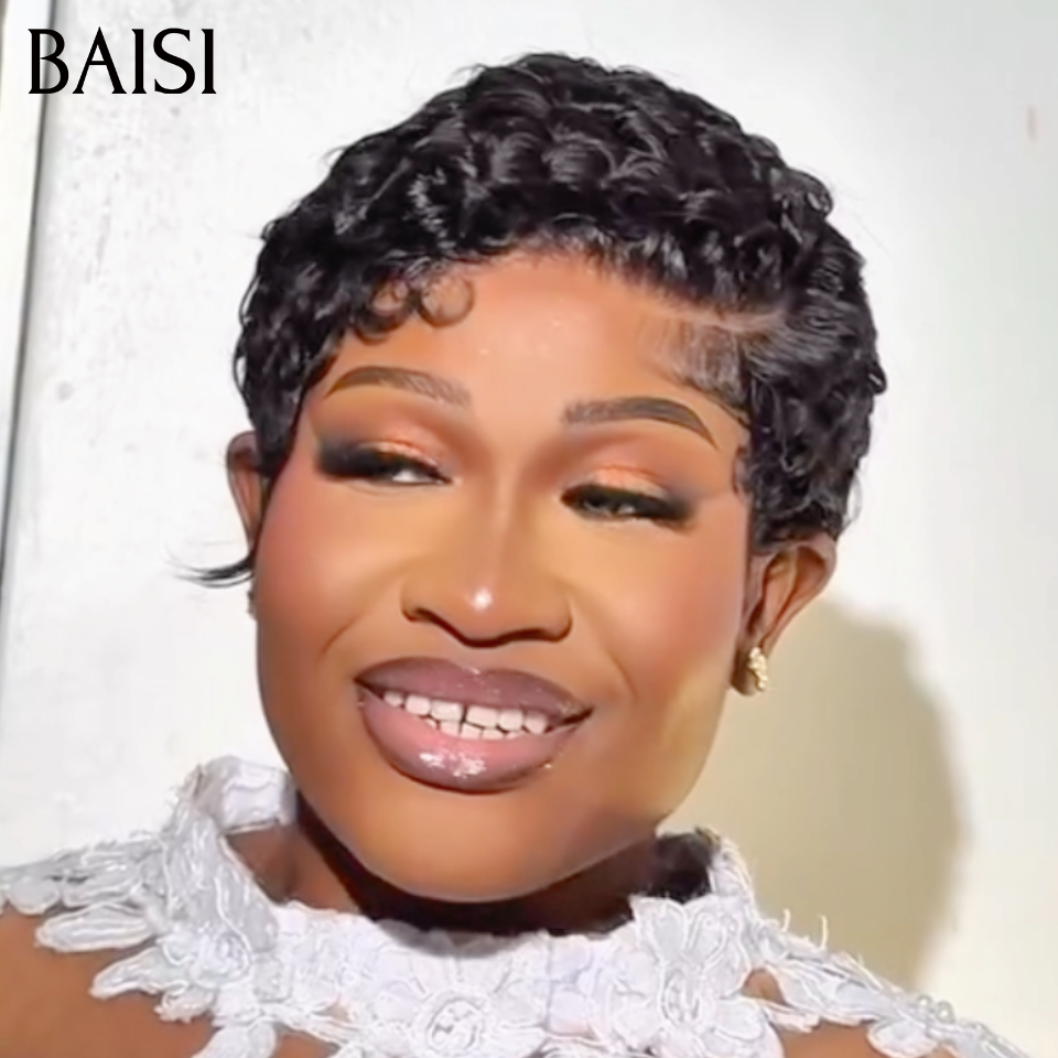 BAISI Offre Flash 13x4 Lace Perruque Pixie Finger Wave petite coupe En Frontal 60€ Ou Sans Lace 38€  Fabriqué à la machine En 100% Cheveux Humains B