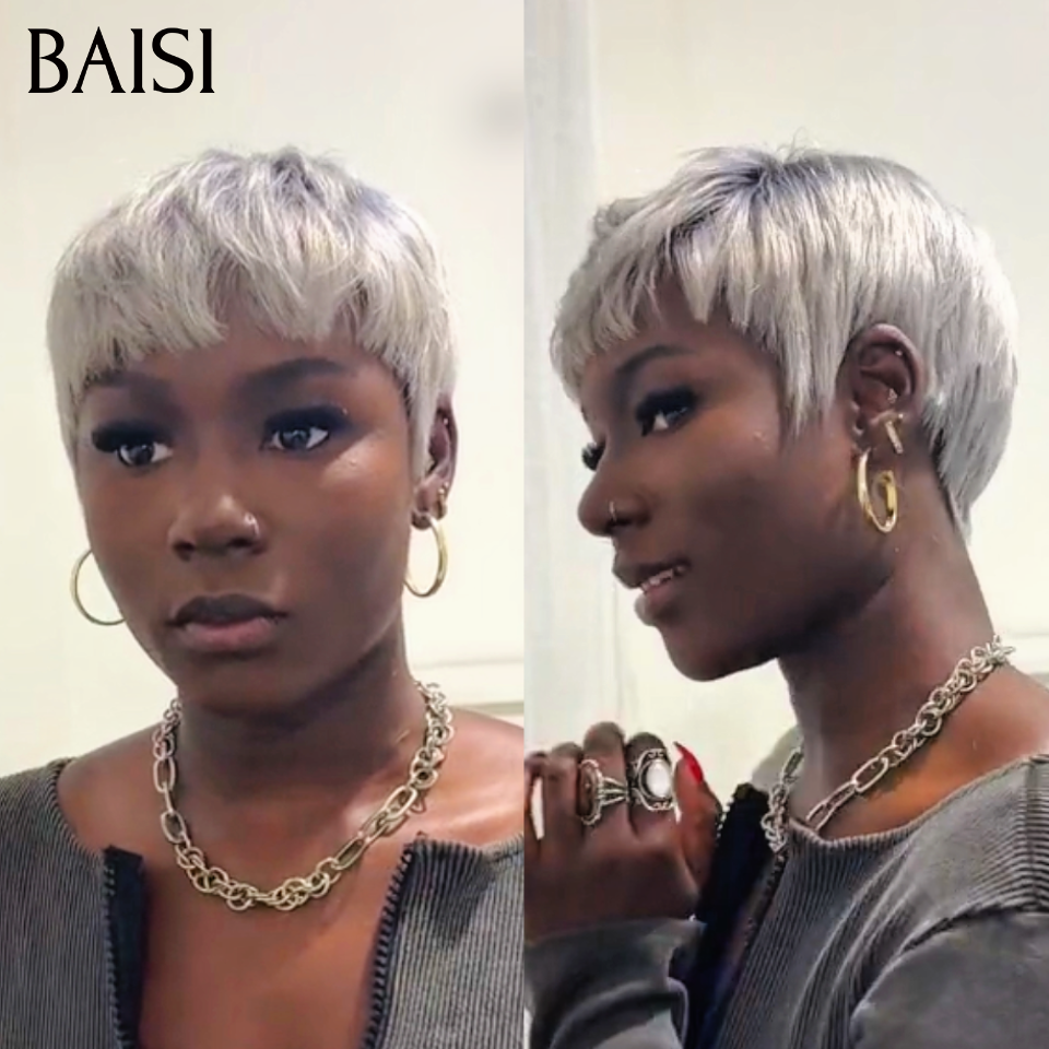 BAISI 13x4 Lace Perruque Pixie Courte Grise Lisse 99€ Pratique et Confort Ou  Perruque Lisse DE luxe Bob 2x6 Lace 100% Vietnam Hair en Couleurs personnalisées SDD BONE STRAIGHT 10 Pouces 100€ En 100% Vrais Cheveux Humains