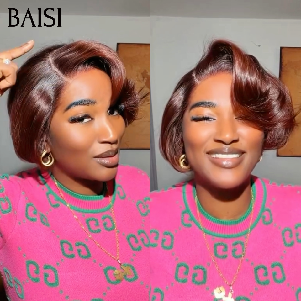 BAISI 13X4 Lace sans colle Perruque Pixie Bouclée Marron 4/30# 79€ Avec Raie de Coté Très Bonne Qualité en 100% Cheveux Humains