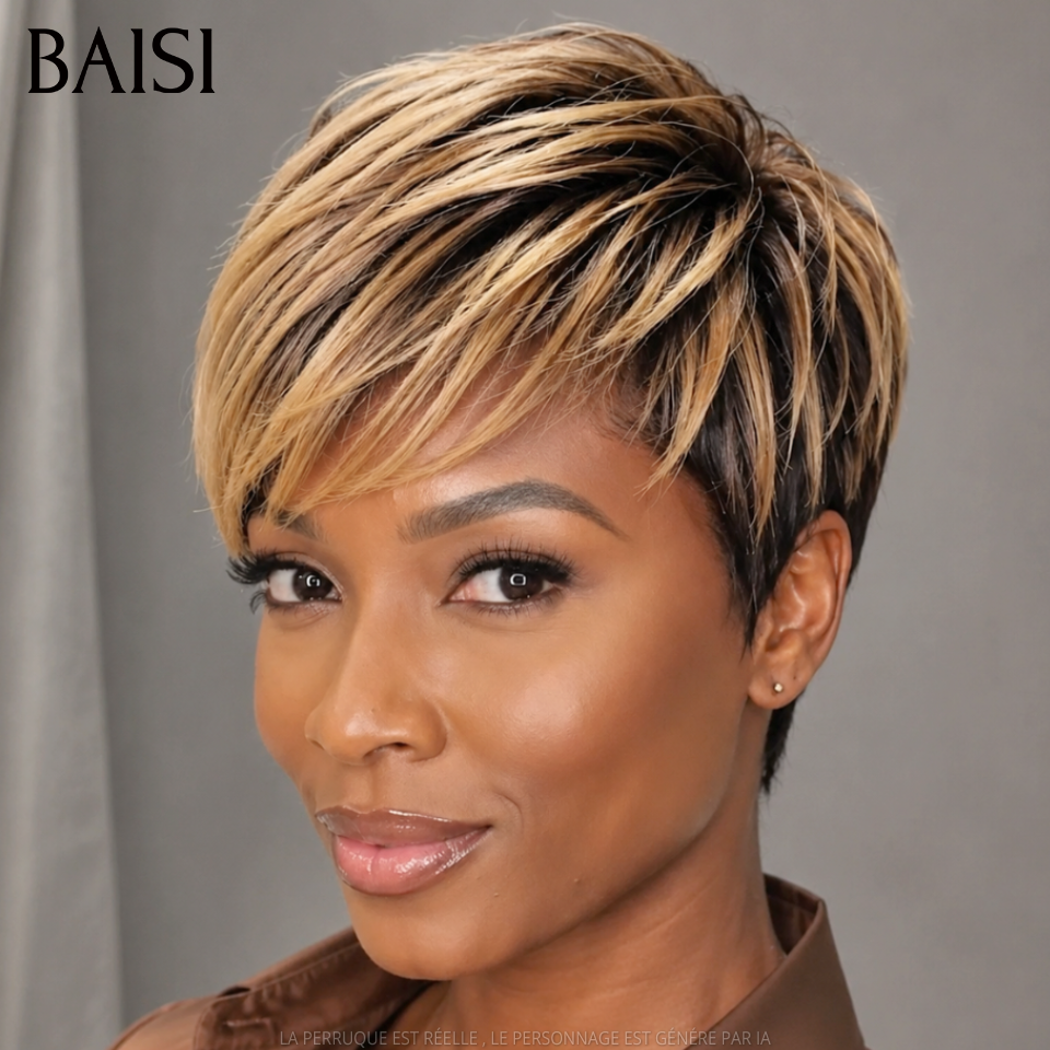 BAISI 13x4 Lace Perruque Pixie Lisse Couleur Noir Miel 1B/27# 89€ Beauté A Prix Mini en 100% Cheveux humains