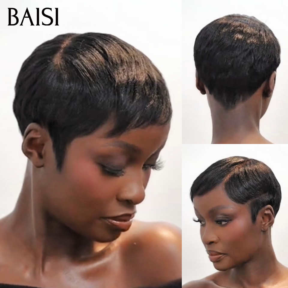 BAISI  Perruque Full Lace Pixie Lisse Noir 129€ Ultra Confortable et Contre Chaleur Ou Perruque BOB kinky curly Bandeau Frisée Curly Fabriquée A La Machine sans lace sans colle 75€  En 100% Cheveux Humains