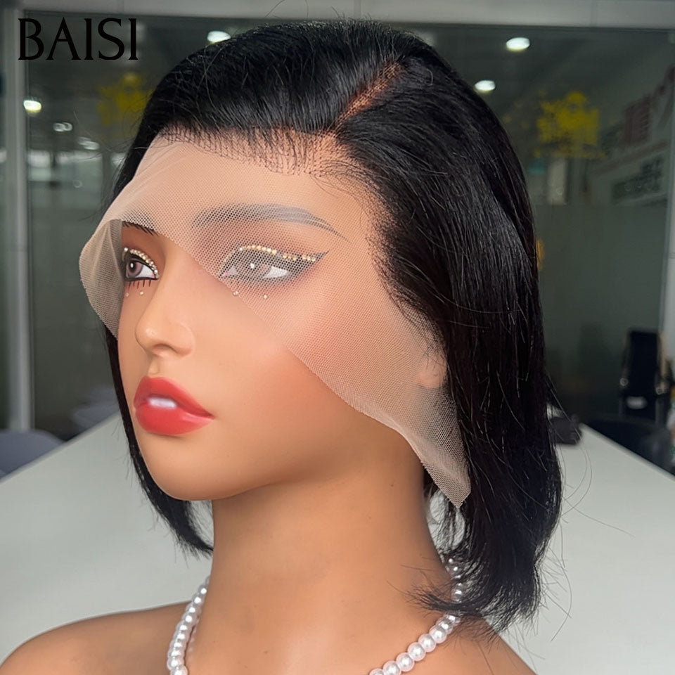 BAISI 13x4 Lace Perruque Pixie Courte lisse Noire A Forte Demande 59€ Seulement En 100% Cheveux Humains
