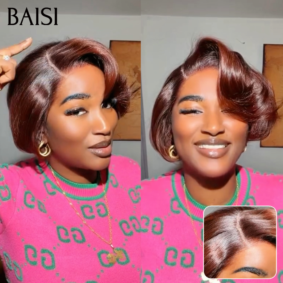 BAISI 13X4 Lace sans colle Perruque Pixie Bouclée Marron 4/30# 79€ Avec Raie de Coté Très Bonne Qualité en 100% Cheveux Humains