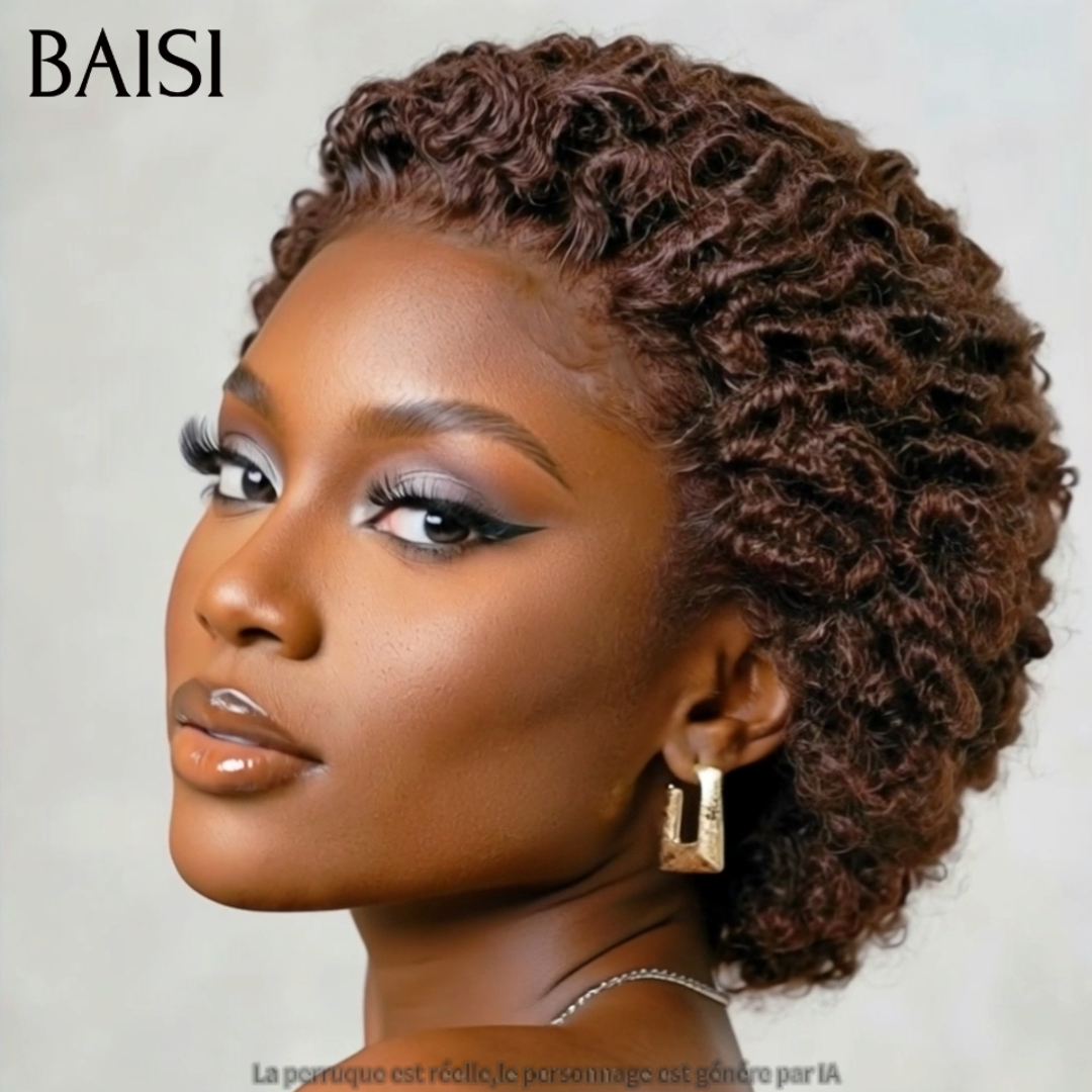 BAISI 13x4 Lace Perruque Déjà Coiffée Pixie Curly Burmese Courte Noir 79€ Ou Marron 85€ Tendance et Attirante en 100% Cheveux humains