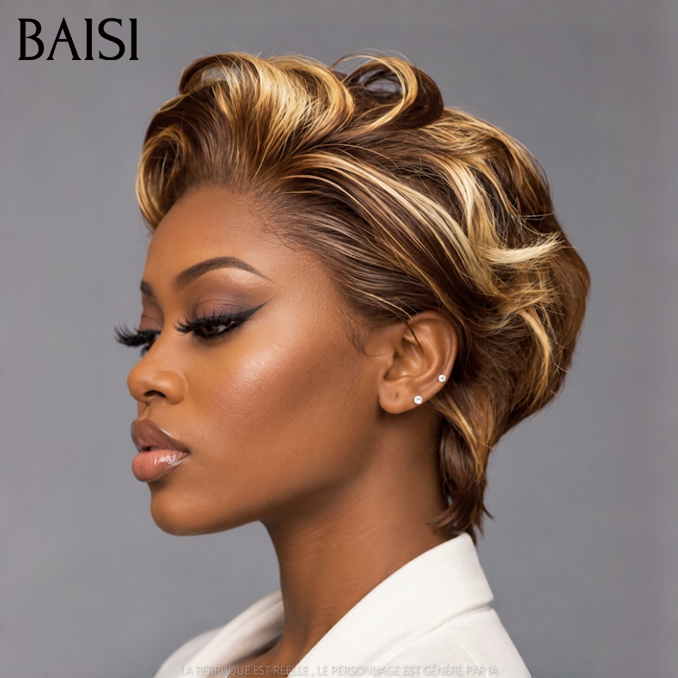 BAISI Perruque pixie avec lace frontal Bouclée 60€ en couleur Marron Mixte Miel Facile à porter En 100% Cheveux Humains