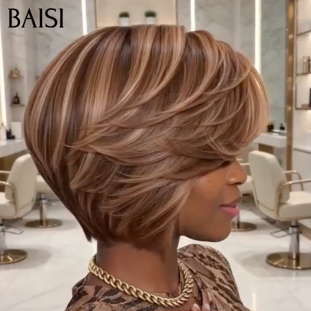 BAISI 13x4 Lace Perruque Pixie Lisse Couleur Mixte 4/27# 79€ Plus Touffue 250% Densité Très Bon Prix en 100% Cheveux humains