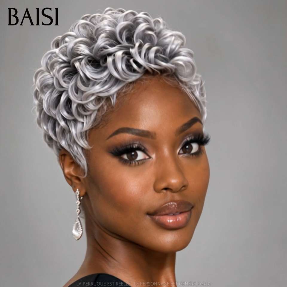 BAISI Perruque Pixie Wave Courte Couleur Gris# 89€ Sans Colle Sans Lace  Pratique Au Quotidien de Grand Mère en 100% Cheveux humains