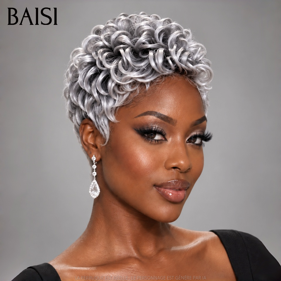 BAISI Perruque Pixie Wave Courte Couleur Gris# 89€ Sans Colle Sans Lace  Pratique Au Quotidien de Grand Mère en 100% Cheveux humains