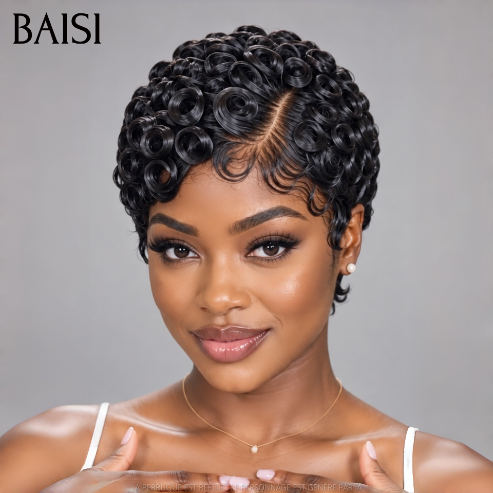 BAISI 13x4 Lace Perruque Pixie Wave Courte 77€ Avec Raie de Côté Couleur Noir 1B# Look Réaliste en 100% Cheveux Humains