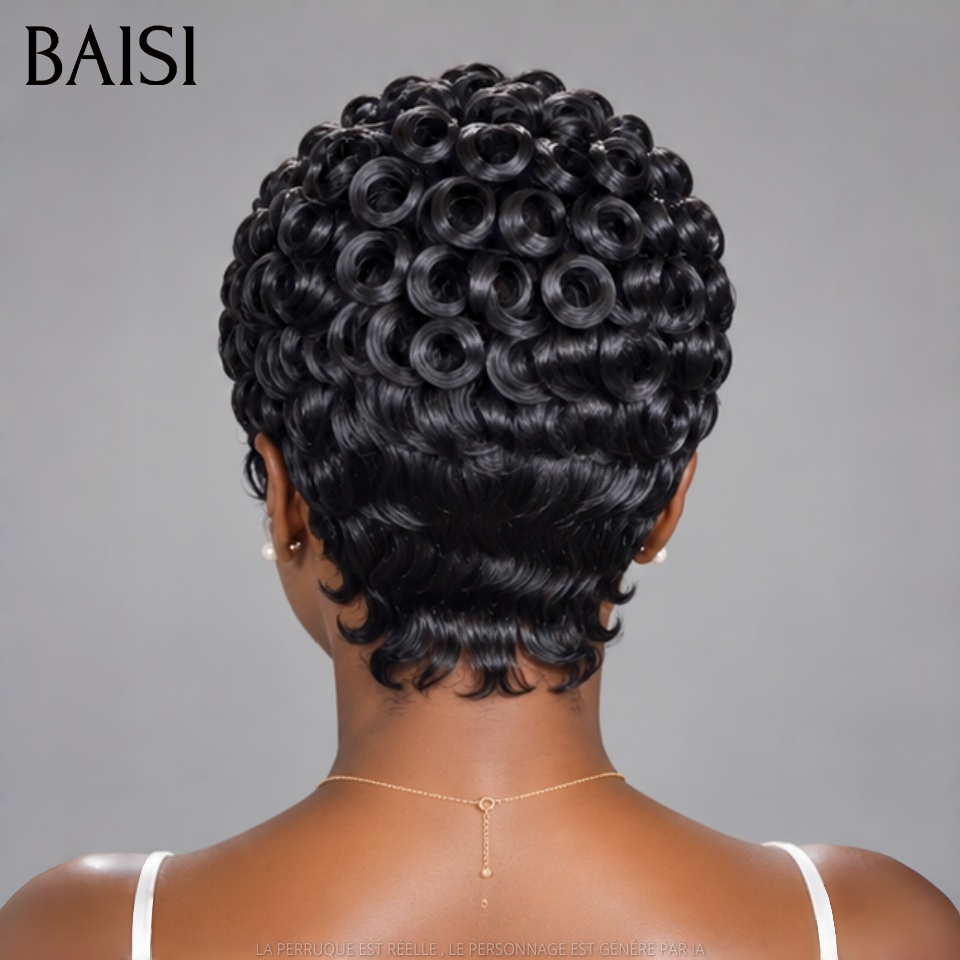 BAISI 13x4 Lace Perruque Pixie Wave Courte 77€ Avec Raie de Côté Couleur Noir 1B# Look Réaliste en 100% Cheveux Humains