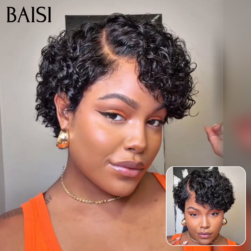 BAISI Perruque Curly Wave 6 Pouces Noir 78€ en Lace 13x4 Frontal ou Demi-Perruque Topper Curly wave cheveux partiel personnalisé en Couleur Noir 100% Cheveux Humains