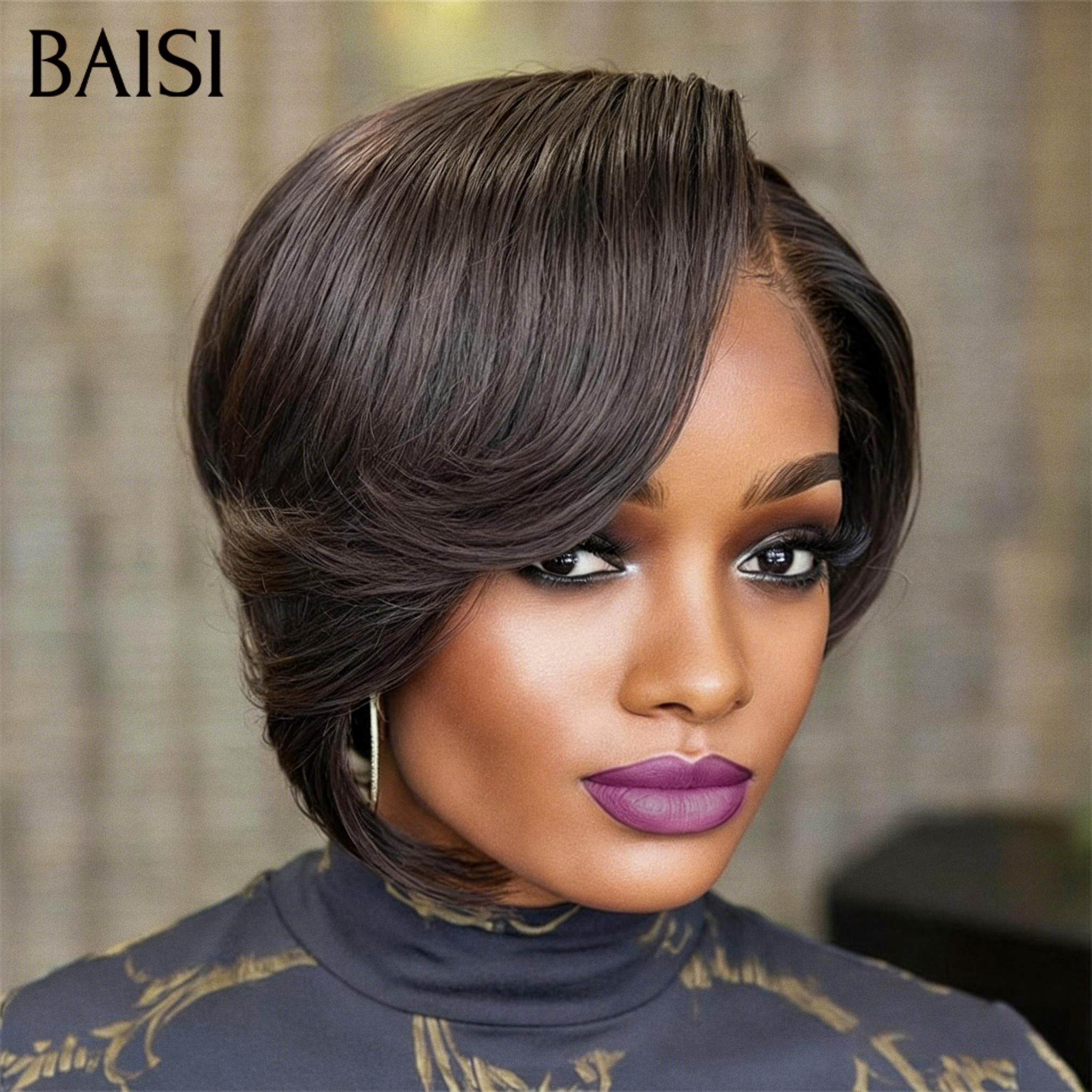 BAISI  13X4 lace Perruque Pixie vague Coiffure NOIR 6 Pouces Lisse 55€ en 100% Cheveux Humains