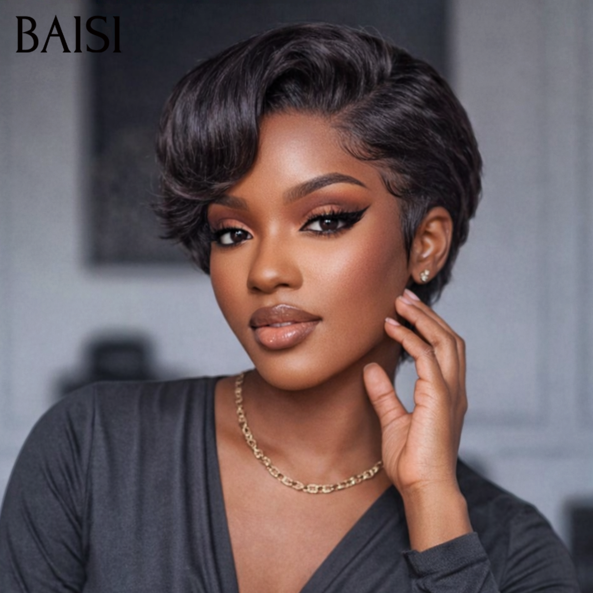 BAISI  13X4 lace Perruque Pixie vague Coiffure 6 Pouces Lisse 56€ en 100% Cheveux Humains FR38