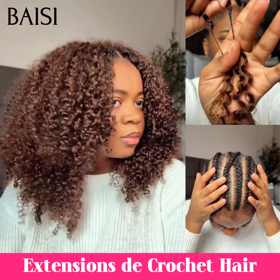 BAISI Extensions Plumes Curly en Marron #4 Installation Etape par Etape en Crochet Rendue Impeccable Plus Longue Plus de Volume en 100% Cheveux Humains