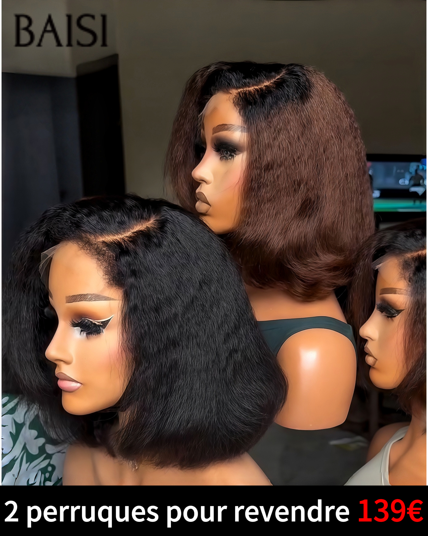 BAISI 2 perruques 139€ pour revendre 13x4 lace frontal kinky straight 10 pouces en couleur Marron et NOIR en 100% vrais cheveux humains