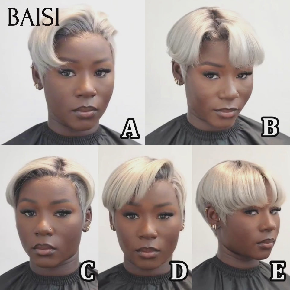 BAISI 13x4 Lace Perruque Coiffée Pixie Courte Deja Prête A Porter 109€ Couleur Blanc Crème 1B#60 Racine Noir Look Original en 100% cheveux humains