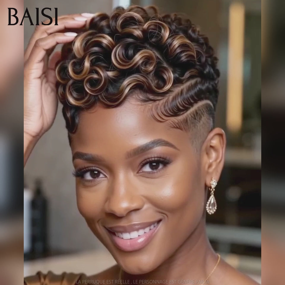 BAISI Perruque Pixie Lisse Noir Ombré Marron 1B/4# 68€ Sans Colle Sans Lace Couleurs Trois Tons Original en 100% Cheveux humains