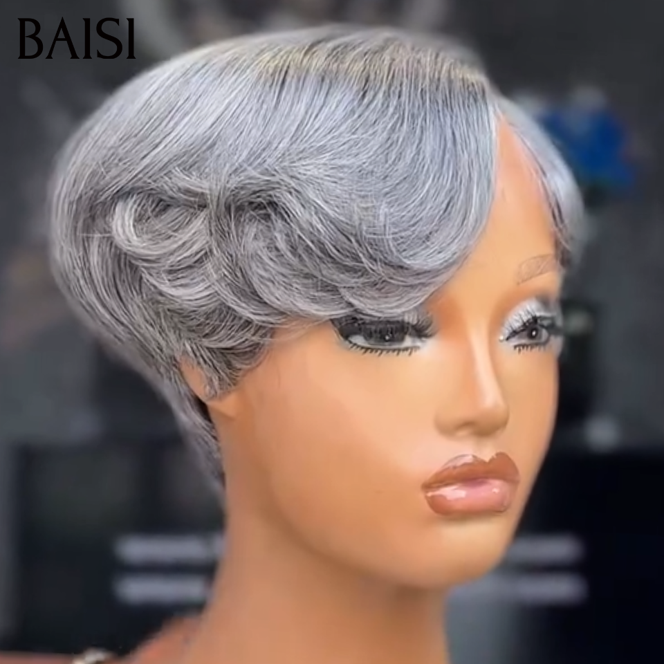 BAISI 13X4 lace Perruque Pixie Lisse Bout Ondulée 69€ Seulement Couleurs personnalisées gris Avec Raie de Côté Comme la video Nouveau Modèle en 100% Cheveux Humains 
