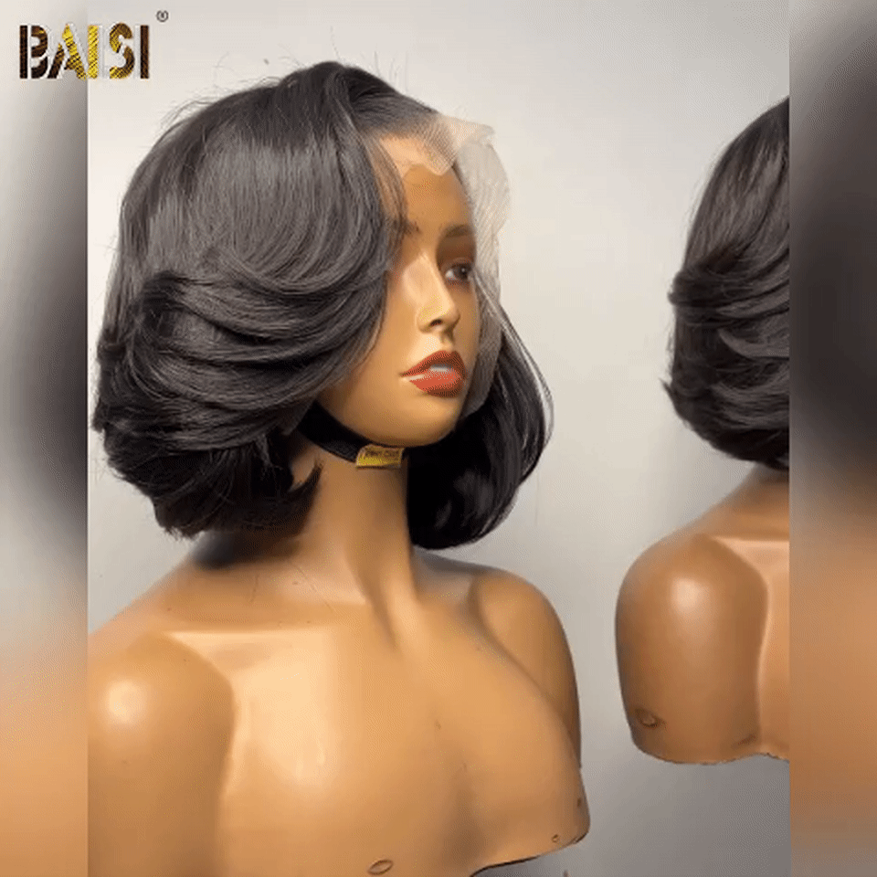 BAISI Peruca 5x5 10 polegadas Preto, corte personalizado, caracóis volumosos, densidade 300%, mais de 20 anos de utilização