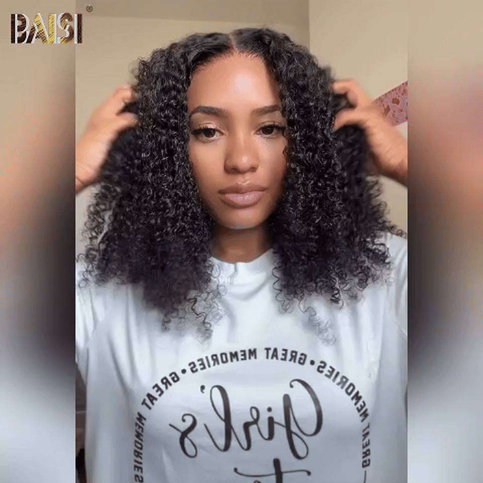 BAISI 4x4 Bob Curly Wig Half-Price Black Glue-Free Lace Pre-Cut Easy-to-Wear 100% Human Hair D MP50