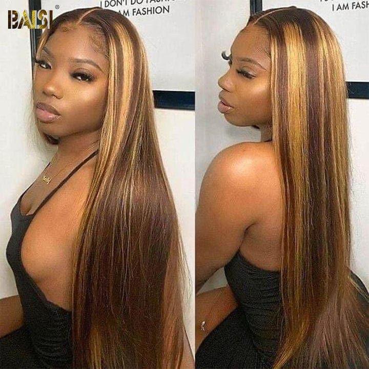 BAISI Morgane 13x4 Lace Frontal Perruque Lisse Miel #4MIX#27 en 100% Cheveux Humains B