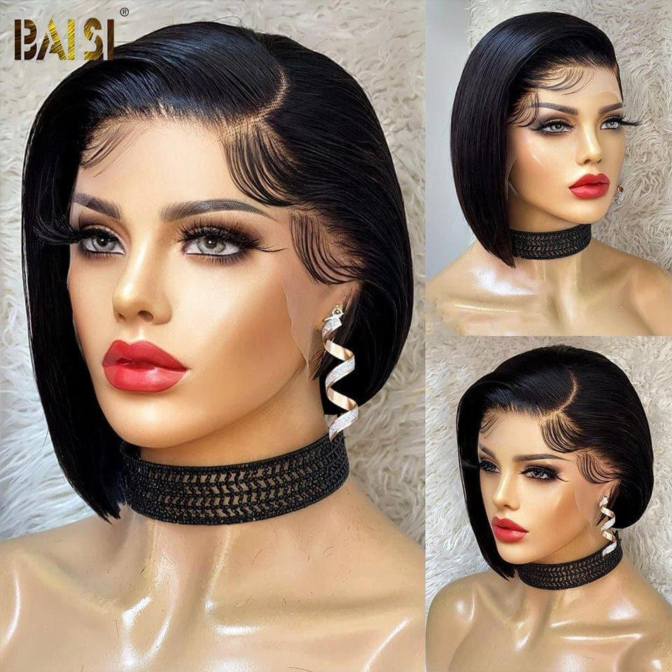 BAISI Perruque 13X4 lace frontal Pixie Vague 58€ En Couleur NOIR ou Lisse naturelle 1B en 100% Cheveux Humains