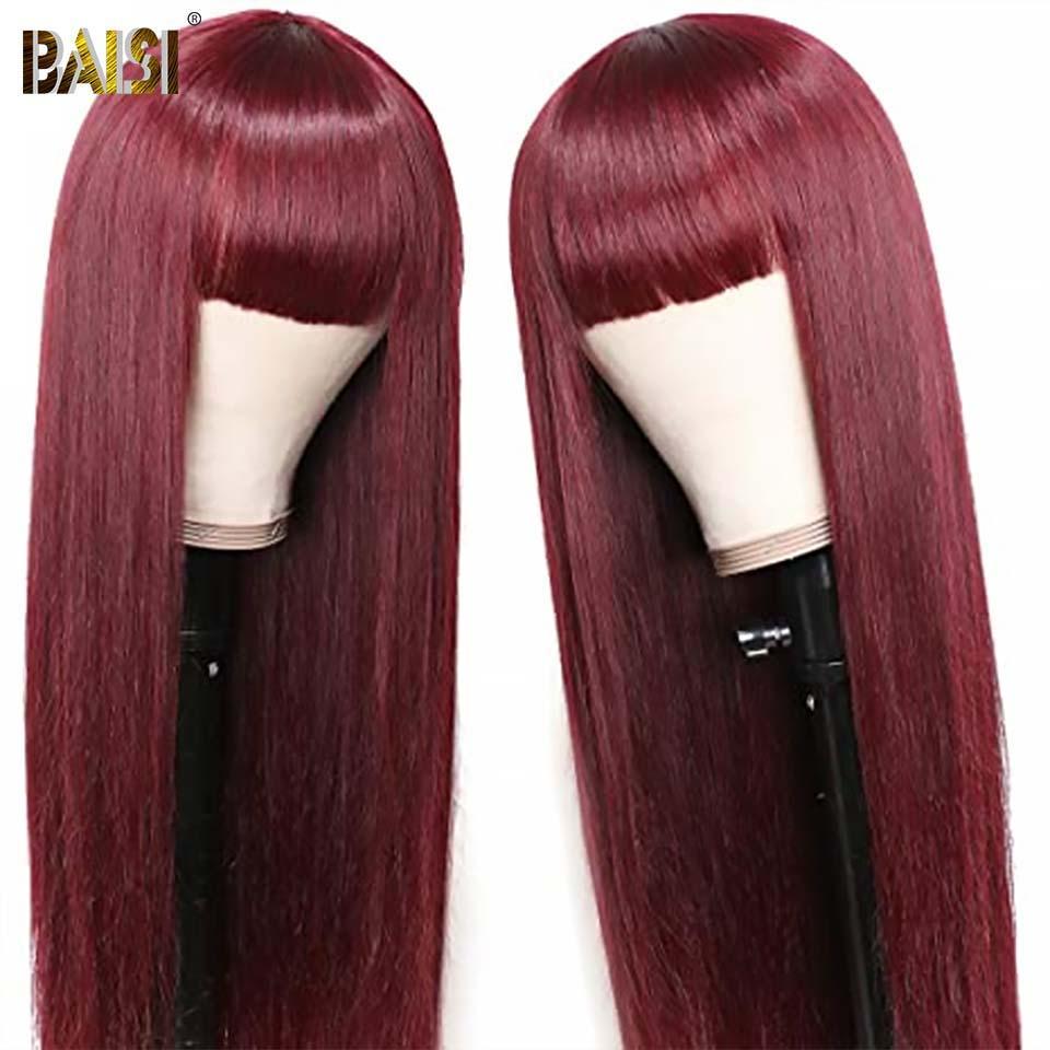 BAISI Achetez 2 perruques minimum au prix d'usine fournisseur  13x4 Lace Frontal Perruque Lisse Rouge Bordeaux Avec Frange en 100% Cheveux Humains (Pas Besoin de Code)