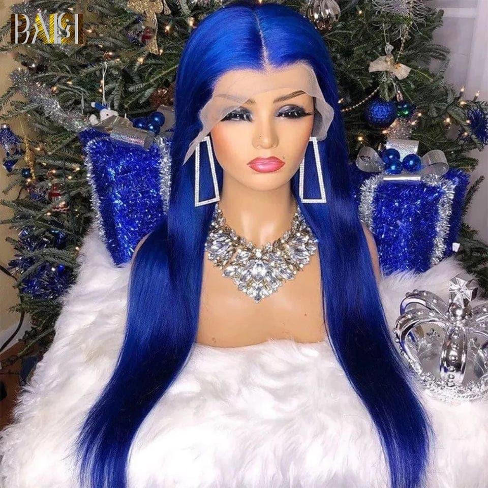 BAISI 13x4 Lace Frontal Perruque Lisse Bleu en 100% Cheveux Humains