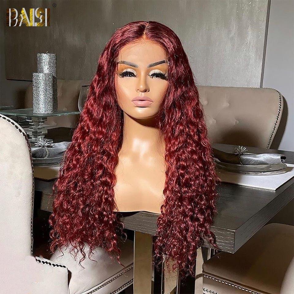 BAISI Compre 2 perucas no mínimo ao preço de fábrica do fornecedor em França IVA 0€ 48H chegada 13x4 Lace Frontal Peruca Deep Wave Vermelho Bordeaux Sem Cola Lace já cortada Fácil de Usar em 100% Cabelo Humano (Sem Código)