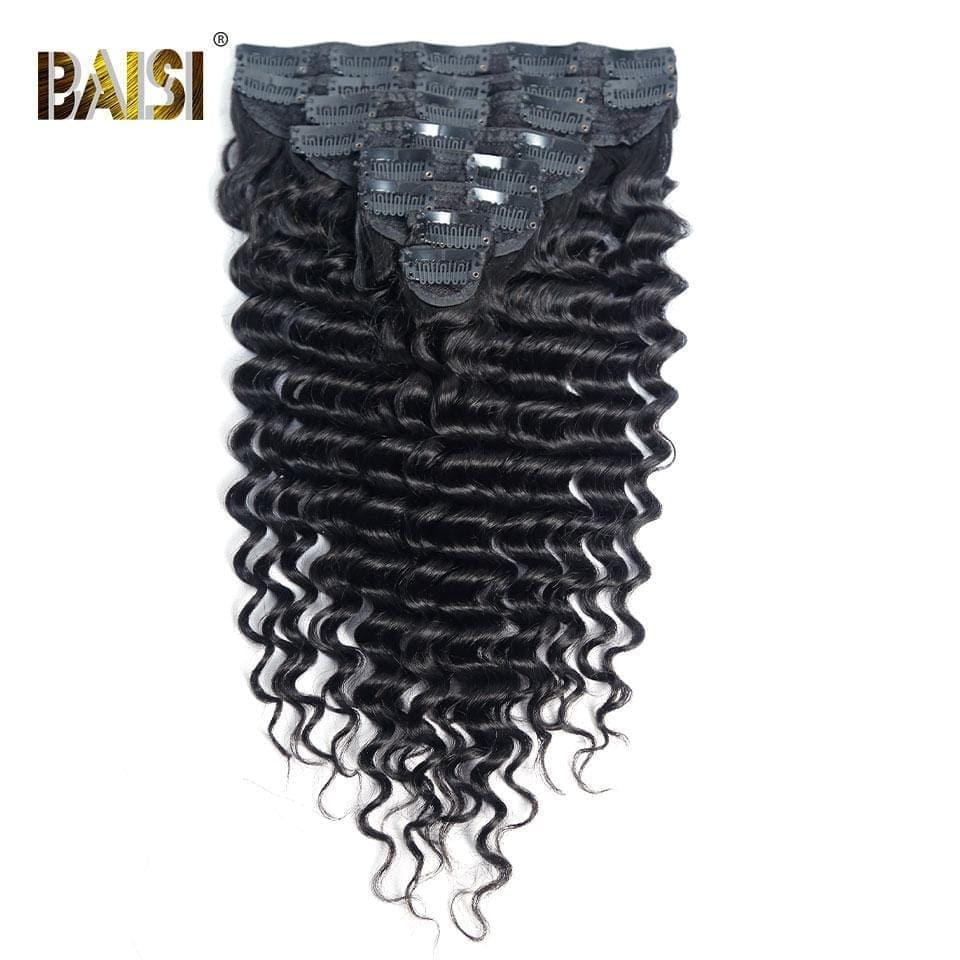 BAISI Extensions À Clips Deep Wave En 100% Cheveux Humains 8 Pièces et 120G Par Lot