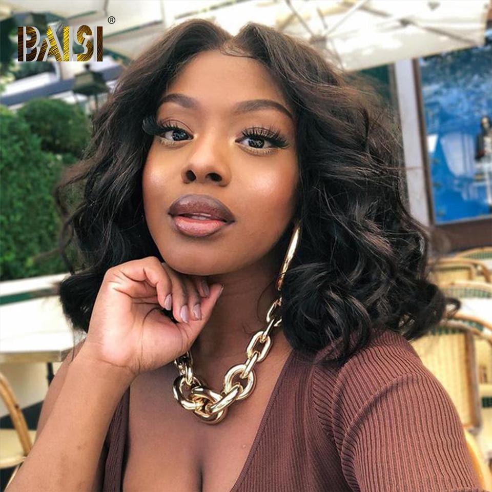 BAISI 13x4 Lace Frontal Perruque BOB Noir Body Wave Avec lace Frontal 13x1x6 En 100% Cheveux Naturels